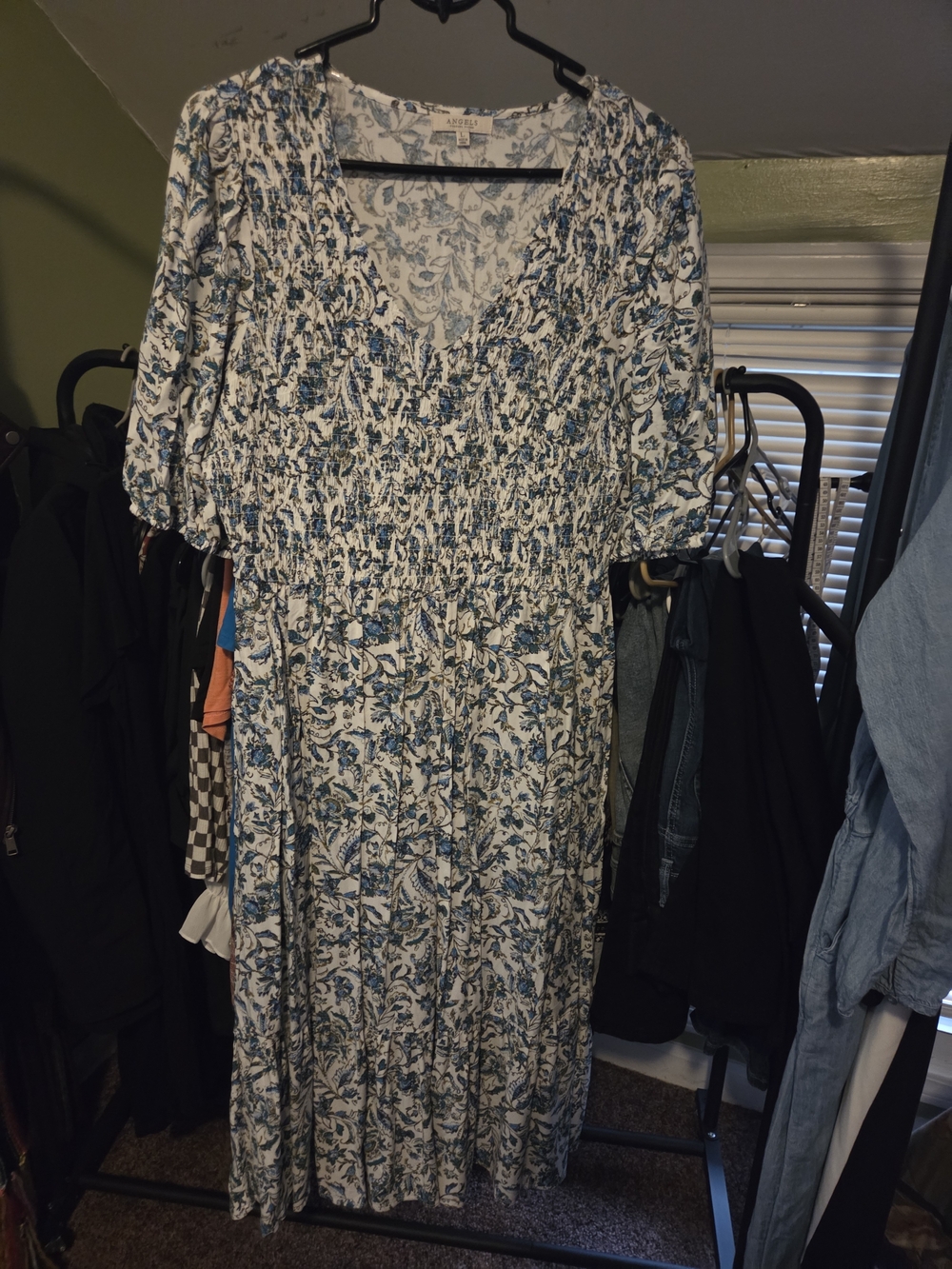 Angels Blue & White Floral Smocked Midi Dress